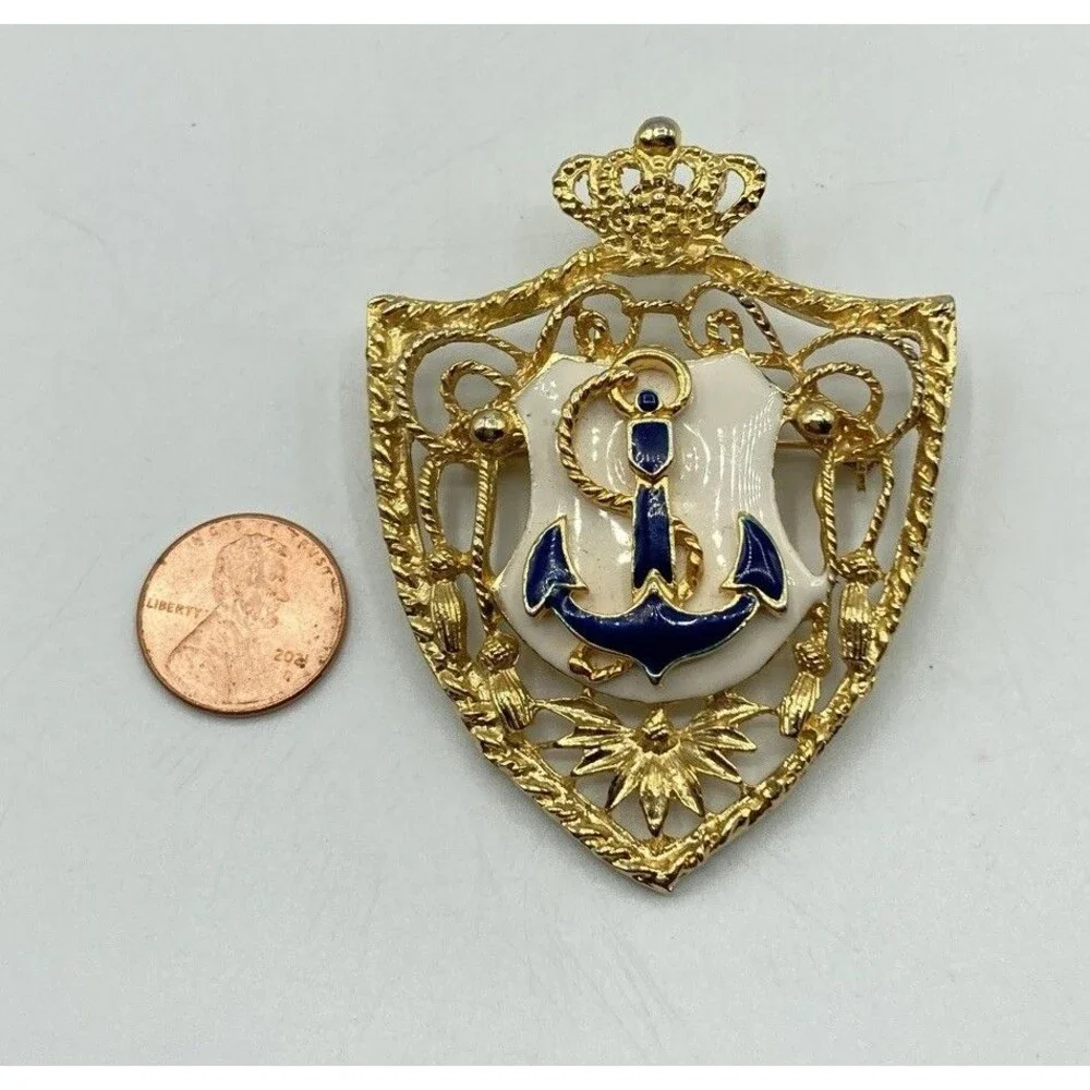 Vtg Gold Tone Blue Enamel Anchor Nautical Crest Brooch Pin Crown Shield 2.75